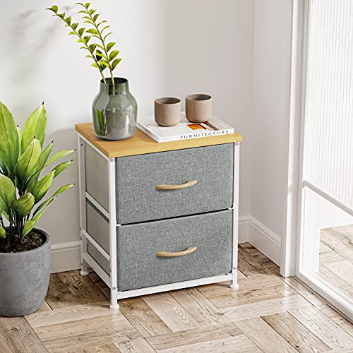 FEZIBO 2 Drawers Fabric Dresser, Nightstand for Bedroom, Small Storage Tower Organizer Unit for Closet Hallway Entryway Nursery Room, Steel Frame, Wood Top, Linen