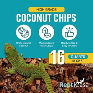 ReptiCasa Organic Coconut Chips Substrate Clean & Ready to Use for Reptiles, Snakes, Tortoise, and Amphibians, Natural Fiber Free Husks, Clean Breeding and Bedding Flooring, Odor Absorbing - 16 Quarts
