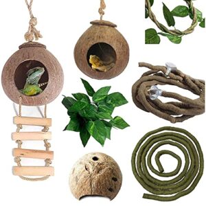 kathson lizard coco den with ladder, reptile hideouts gecko coconut husk hut with artificial bendable jungle climbing vines for chameleon, lizards, gecko, snakes to hide perch and play