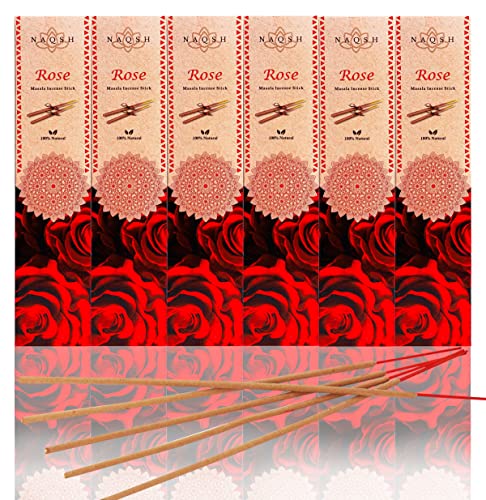 NAQSH Masala Incense Sticks 125gm - 6x20 Pack, Total 120 Sticks 100% Organic Hand Rolled Natural Fragrances with Free Wood Holder for Aromatherapy & Meditation, Yoga, Positivity & Relax (Rose)