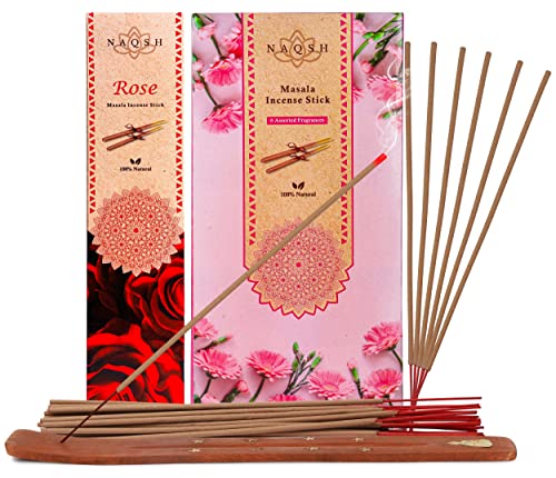 NAQSH Masala Incense Sticks 125gm - 6x20 Pack, Total 120 Sticks 100% Organic Hand Rolled Natural Fragrances with Free Wood Holder for Aromatherapy & Meditation, Yoga, Positivity & Relax (Rose)