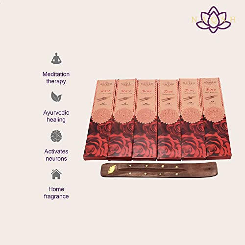 NAQSH Masala Incense Sticks 125gm - 6x20 Pack, Total 120 Sticks 100% Organic Hand Rolled Natural Fragrances with Free Wood Holder for Aromatherapy & Meditation, Yoga, Positivity & Relax (Rose)