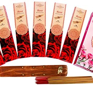 NAQSH Masala Incense Sticks 125gm - 6x20 Pack, Total 120 Sticks 100% Organic Hand Rolled Natural Fragrances with Free Wood Holder for Aromatherapy & Meditation, Yoga, Positivity & Relax (Rose)