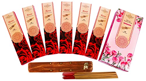 NAQSH Masala Incense Sticks 125gm - 6x20 Pack, Total 120 Sticks 100% Organic Hand Rolled Natural Fragrances with Free Wood Holder for Aromatherapy & Meditation, Yoga, Positivity & Relax (Rose)