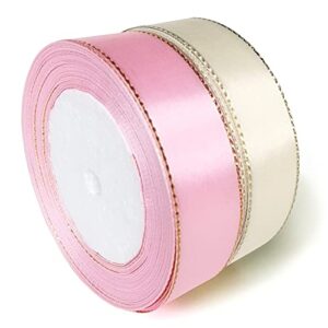 pink & ivory satin ribbon with gold edges, for gift wrapping holiday wedding birthday graduation party christmas decoration,1“ wide 25 yard x 2 rolls , crafts floral diy bags bows white ribbon