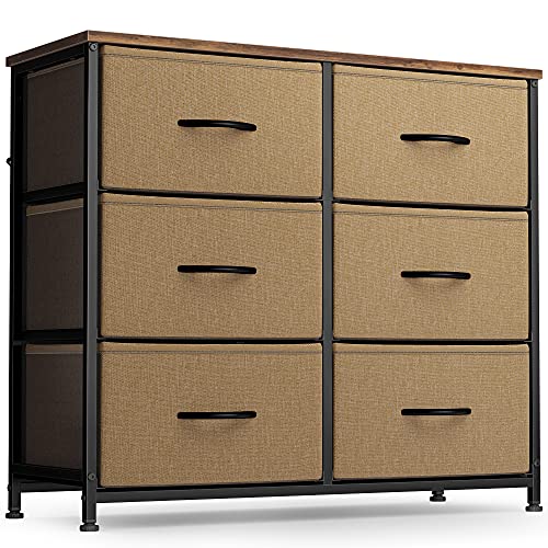 FEZIBO Dresser Organizer, Chest of Drawers-Dresser for Bedroom, Hallway, Entryway, Closets, Furniture Storage Tower-Steel Frame, Wood Top, 6 Drawers Organizer Units-Coffee and Brown