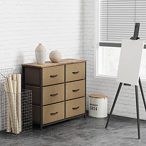 FEZIBO Dresser Organizer, Chest of Drawers-Dresser for Bedroom, Hallway, Entryway, Closets, Furniture Storage Tower-Steel Frame, Wood Top, 6 Drawers Organizer Units-Coffee and Brown