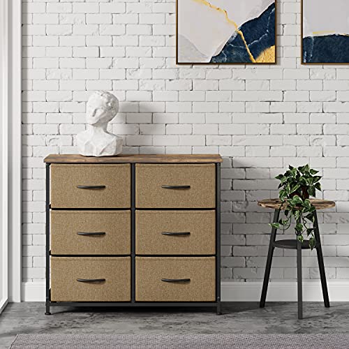 FEZIBO Dresser Organizer, Chest of Drawers-Dresser for Bedroom, Hallway, Entryway, Closets, Furniture Storage Tower-Steel Frame, Wood Top, 6 Drawers Organizer Units-Coffee and Brown