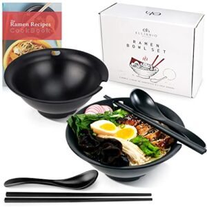 ellissio ramen bowl set - 2 large japanese style noodle bowls with 2 spoons & 2 sets of chopsticks for ramen, pho and udon soup - black melamine - best for authentic asian dining experience at home