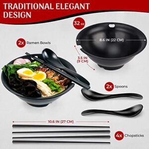ELLISSIO Ramen Bowl Set - 2 Large Japanese Style Noodle Bowls With 2 Spoons & 2 Sets of Chopsticks For Ramen, Pho and Udon Soup - Black Melamine - Best For Authentic Asian Dining Experience At Home