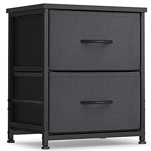 FEZIBO 2 Drawers Fabric Dresser, Nightstand for Bedroom, Small Storage Tower Organizer Unit for Closet Hallway Entryway Nursery Room, Steel Frame, Wood Top, Black Grey