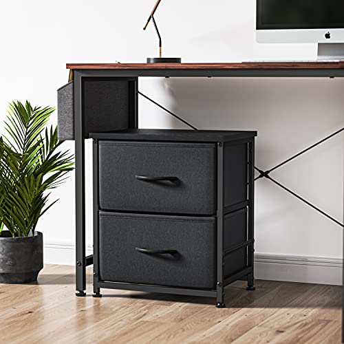 FEZIBO 2 Drawers Fabric Dresser, Nightstand for Bedroom, Small Storage Tower Organizer Unit for Closet Hallway Entryway Nursery Room, Steel Frame, Wood Top, Black Grey