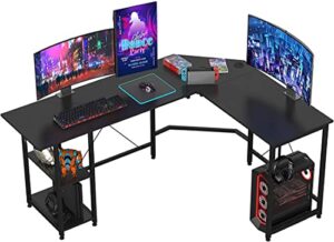 fukifuki l-shaped gaming desk, 59.1" corner computer office desk, writing workstation,with adjustable shelves, space-saving, easy to assemble (black)