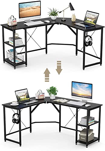 fukifuki L-Shaped Gaming Desk, 59.1" Corner Computer Office Desk, Writing Workstation,with Adjustable Shelves, Space-Saving, Easy to Assemble (Black)