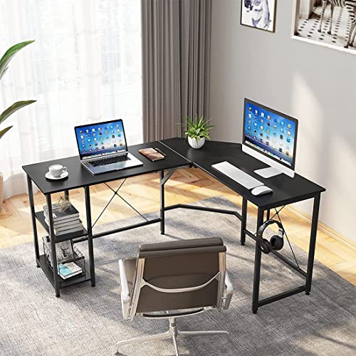 fukifuki L-Shaped Gaming Desk, 59.1" Corner Computer Office Desk, Writing Workstation,with Adjustable Shelves, Space-Saving, Easy to Assemble (Black)