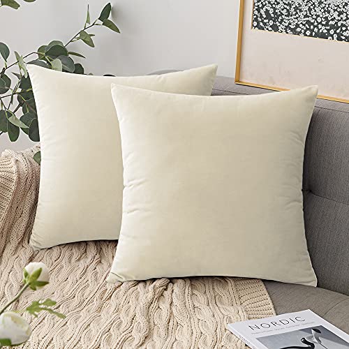 Comvi Cream Throw Pillows for Couch - Decorative Pillows, Inserts & Covers Set of 4 (2 Pillow Covers 18x18 + 2 Pillow Inserts 20x20)- Couch Pillows for Living Room - Velvet Sofa Pillows & Cushions