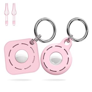 milprox silicone case compatible for airtag (2021) 2 pack, soft anti-scratch shockproof protective full body air tag skin cover with keychain carabiner and rope for airtag finder - pink