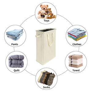 24Inch Slim Large Laundry Basket Collapsible Fabric Laundry Hamper Out Carrying Laundry Bag Tall Thin Dirty Laundry Hamper Basket Home Corner Bin（Beige）