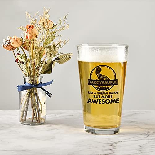 Dad Beer Glass, Daddysaurus Like A Normal Daddy But More Awesome Funny Beer Pint Glass 15Oz - Father’s Day Gifts for Dad New Dad Papa Husband from Daughter Son Wife, Unique Birthday Christmas Gift