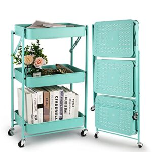 todeco 3 tier foldable plastic rolling storage utility or kitchen cart ,folding mobile trolley storage organizer with wheels for office bathroom bedroom,free assembly,green