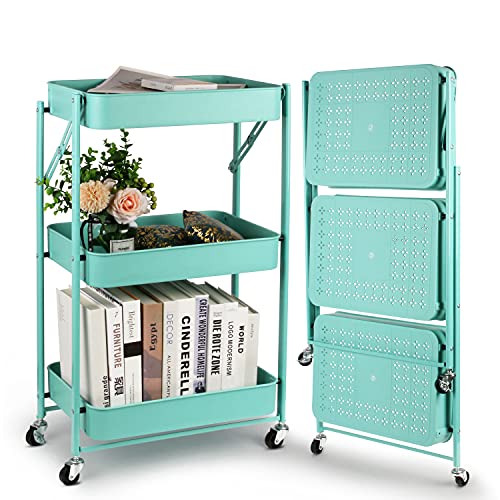 Todeco 3 Tier Foldable Plastic Rolling Storage Utility or Kitchen Cart ,Folding Mobile Trolley Storage Organizer with Wheels for Office Bathroom Bedroom,Free Assembly,Green