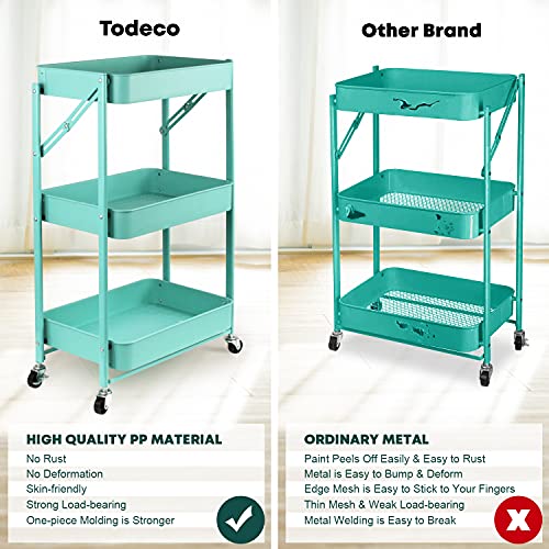 Todeco 3 Tier Foldable Plastic Rolling Storage Utility or Kitchen Cart ,Folding Mobile Trolley Storage Organizer with Wheels for Office Bathroom Bedroom,Free Assembly,Green