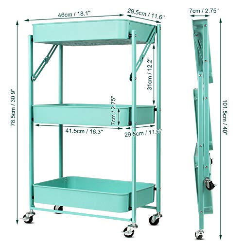 Todeco 3 Tier Foldable Plastic Rolling Storage Utility or Kitchen Cart ,Folding Mobile Trolley Storage Organizer with Wheels for Office Bathroom Bedroom,Free Assembly,Green