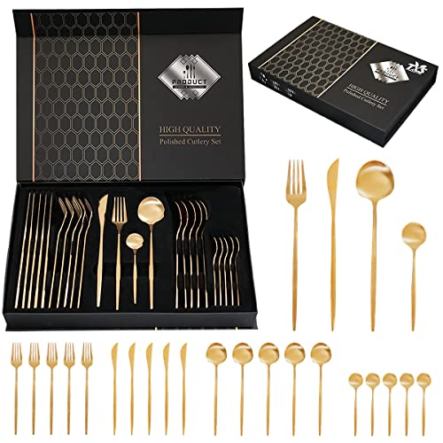 24-Piece Gold Silverware Set Gold Utensils Set for 6, Gold Spoons and Forks Set, Stainless Steel Gold Cutlery Set Home Kitchen Restaurant Hotel Wedding Flatware Set, Dishwasher Safe (Mirror Polished)