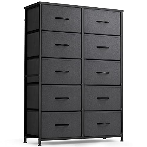 FEZIBO Dresser Organizer, Chest of Drawers-Dresser for Bedroom, Hallway, Entryway, Closets, Furniture Storage Tower-Steel Frame, Wood Top, 10 Drawers Organizer Units-Black Grey