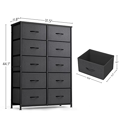 FEZIBO Dresser Organizer, Chest of Drawers-Dresser for Bedroom, Hallway, Entryway, Closets, Furniture Storage Tower-Steel Frame, Wood Top, 10 Drawers Organizer Units-Black Grey