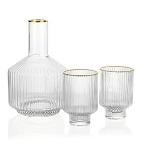 1500 c tabletop tiara optic swirl bedside carafe 1 pitcher 59 oz. and 2 tumblers 11.5 oz. gold rim bedside water carafe with glass cups for nightstand