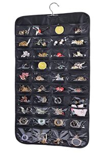 hanging jewelry organizer, double sided 80 pocket jewelry chain storage bag 2 layer of fabric jewelry organizer holder for necklace bracelet earring ring chain knitting tool-black