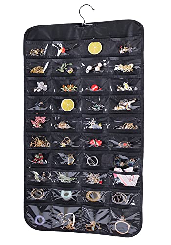 Hanging Jewelry Organizer, Double Sided 80 Pocket Jewelry Chain Storage Bag 2 Layer of Fabric Jewelry Organizer Holder for Necklace Bracelet Earring Ring Chain Knitting Tool-Black