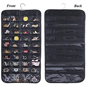 Hanging Jewelry Organizer, Double Sided 80 Pocket Jewelry Chain Storage Bag 2 Layer of Fabric Jewelry Organizer Holder for Necklace Bracelet Earring Ring Chain Knitting Tool-Black