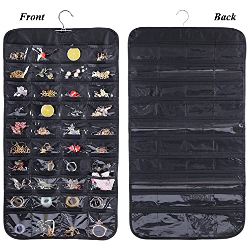 Hanging Jewelry Organizer, Double Sided 80 Pocket Jewelry Chain Storage Bag 2 Layer of Fabric Jewelry Organizer Holder for Necklace Bracelet Earring Ring Chain Knitting Tool-Black