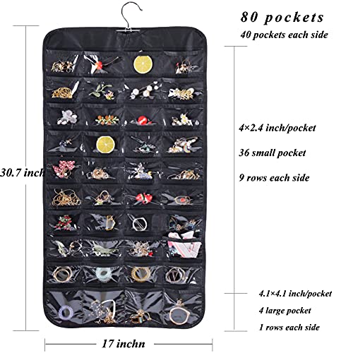 Hanging Jewelry Organizer, Double Sided 80 Pocket Jewelry Chain Storage Bag 2 Layer of Fabric Jewelry Organizer Holder for Necklace Bracelet Earring Ring Chain Knitting Tool-Black