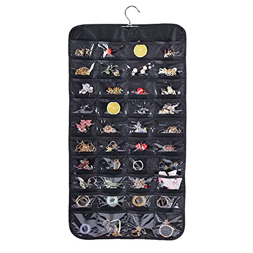 Hanging Jewelry Organizer, Double Sided 80 Pocket Jewelry Chain Storage Bag 2 Layer of Fabric Jewelry Organizer Holder for Necklace Bracelet Earring Ring Chain Knitting Tool-Black