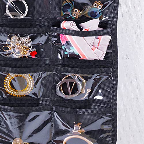 Hanging Jewelry Organizer, Double Sided 80 Pocket Jewelry Chain Storage Bag 2 Layer of Fabric Jewelry Organizer Holder for Necklace Bracelet Earring Ring Chain Knitting Tool-Black