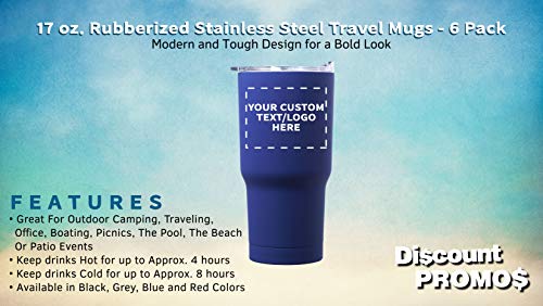 Personalized 17 oz. Rubberized Stainless Steel Travel Mugs - 6 Pack - Custom Text, Logo - Blue