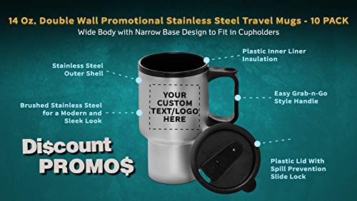 Personalized 14oz Travel Mugs Stainless Steel - 10 Pack - Custom Text, Logo - Stainless Steel