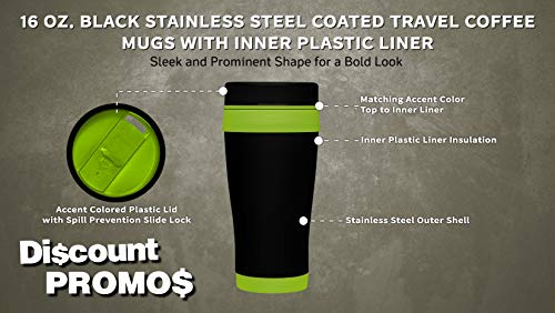 DISCOUNT PROMOS 16 oz. Black Steel Travel Coffee Mugs - 10 pack - Lime Green