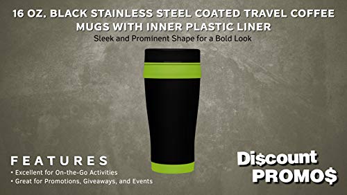 DISCOUNT PROMOS 16 oz. Black Steel Travel Coffee Mugs - 10 pack - Lime Green