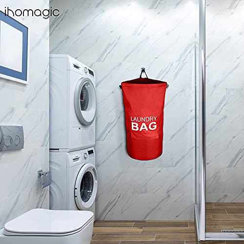 IHOMAGIC 71L Laundry Bag Backpack with Adjustable Shoulder Straps and Pocket, Hanging Fabric Laundry Hamper, Portable Laundry Baskets with Buckle, Extra Large Dirty Clothes Hamper for Laundry (Red)