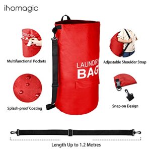 IHOMAGIC 71L Laundry Bag Backpack with Adjustable Shoulder Straps and Pocket, Hanging Fabric Laundry Hamper, Portable Laundry Baskets with Buckle, Extra Large Dirty Clothes Hamper for Laundry (Red)