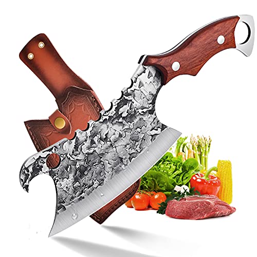 univinlions Hand Forged Meat Cleaver Sharp Butcher Knife for Meat Cutting Vegetable Cleaver with Sheath for Home Kitchen Outdoor Camping BBQ Father's Mother's Day Christmas Thanksgiving Gift Idea Men