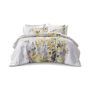 Comfort Spaces Bed in A Bag - Trendy Casual Design Cozy Comforter with Complete Sheet Set with Side Pocket, All Season Cover, Matching Shams, Queen, Nina, Leaf Yellow/Grey 9 Piece