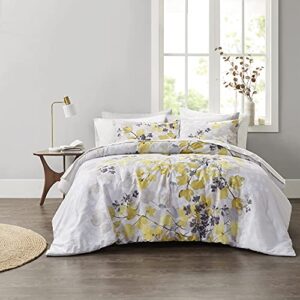 Comfort Spaces Bed in A Bag - Trendy Casual Design Cozy Comforter with Complete Sheet Set with Side Pocket, All Season Cover, Matching Shams, Queen, Nina, Leaf Yellow/Grey 9 Piece