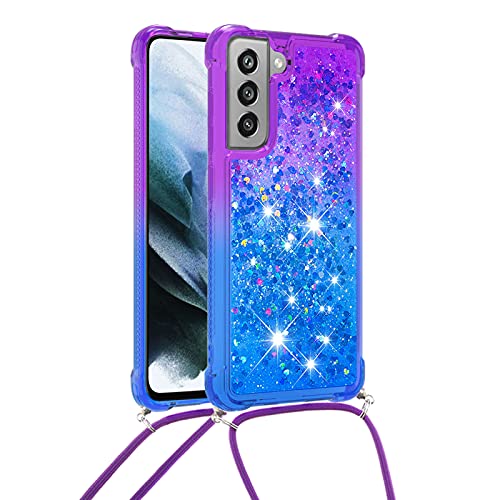 CCSmall Samsung Galaxy S21 FE (Not S21) Case,Strap Crossbody Gradient Quicksand Bling Sparkle Flowing Liquid Floating with Neck Cord Lanyard Strap Cover for Samsung Galaxy S21 FE LSGS Purple Navy