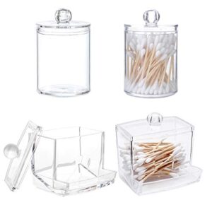 HZLHZYY 4 Pack Swab Holder Canisters with Lid Cotton Ball Pad Jars Clear Q-Tips Dispenser Holder Bathroom Storage Containers for Cotton Swabs, Q-Tips, Make Up Pads, Cosmetics, Floss Pick, Bath Salts