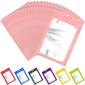 100 pieces resealable mylar bags with ziplock and clear window bags packaging bags foil pouch ziplock bags for food self sealing storage supplies (pink, 4.72x7.1 inches)